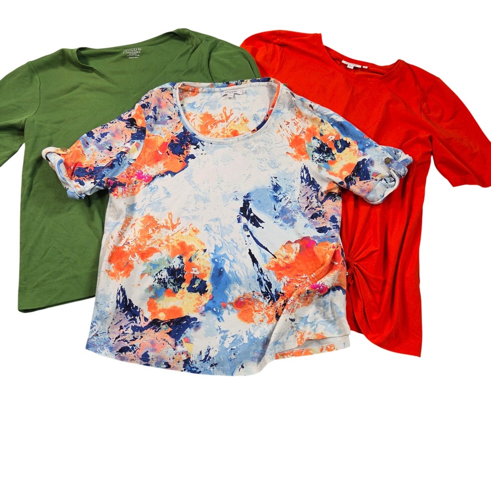 Chico's T-Shirt Bundle Size 3 XL Green Orange White Pima Cotton Floral Abstract